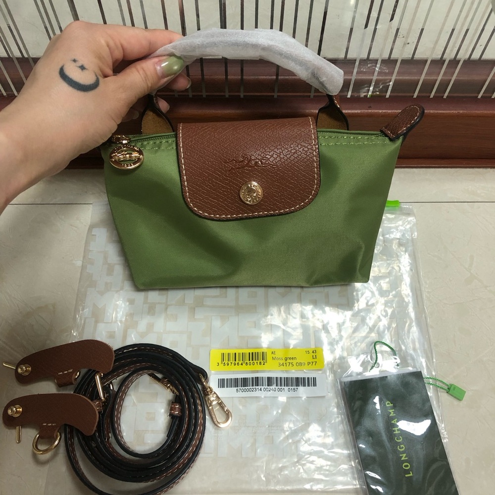 Longchamp Mini Top-Handle Bag in Olive Green with Brown Trim